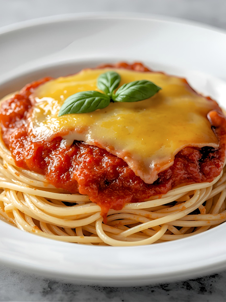 Spaghetti with tomato sauce and melted cheese on a white plate