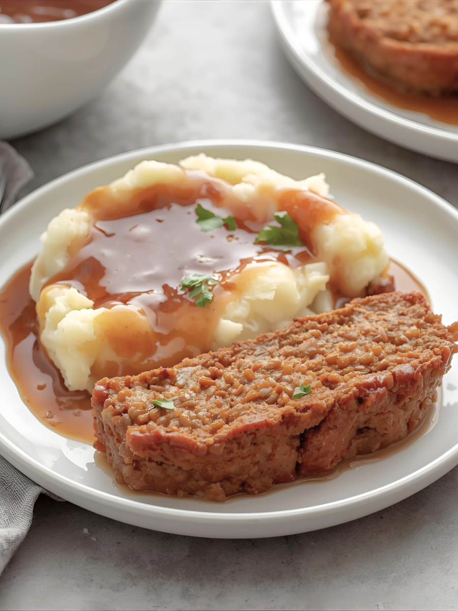 Sliced lentil loaf with mashed potatoes and gravy on a white plate.