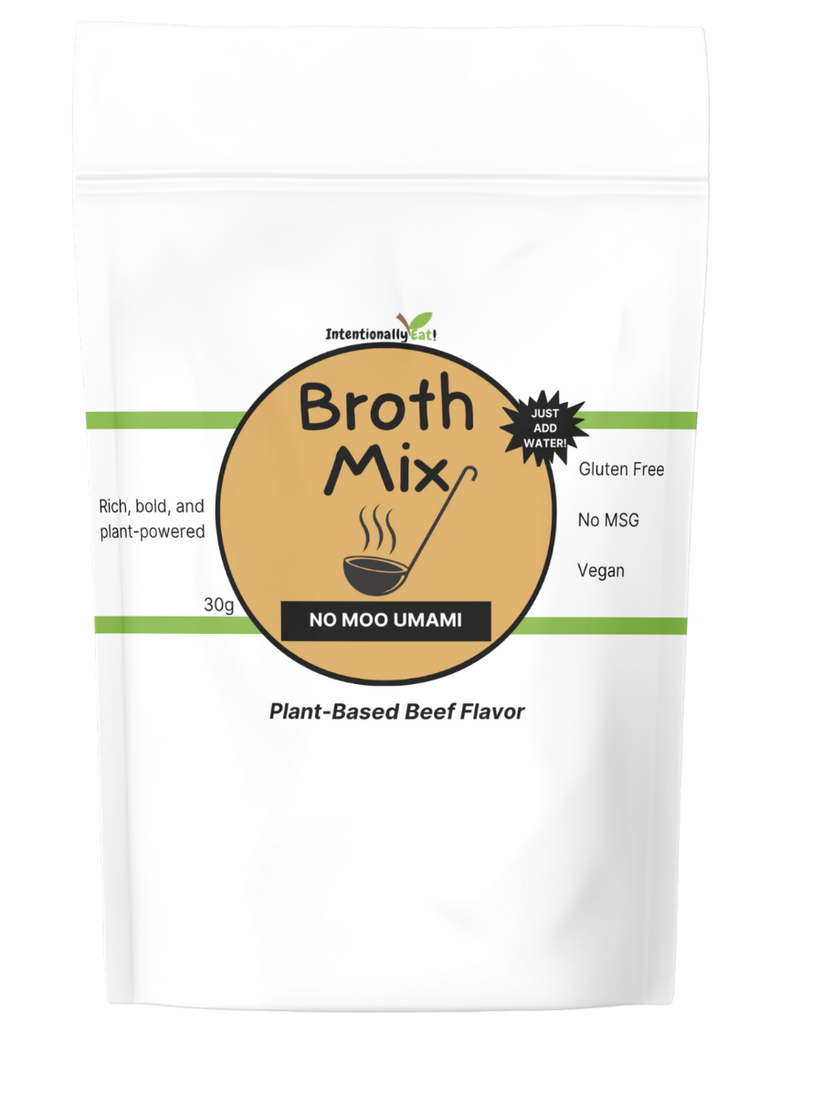 Broth mix package with 'No Moo Umami' branding on a white background