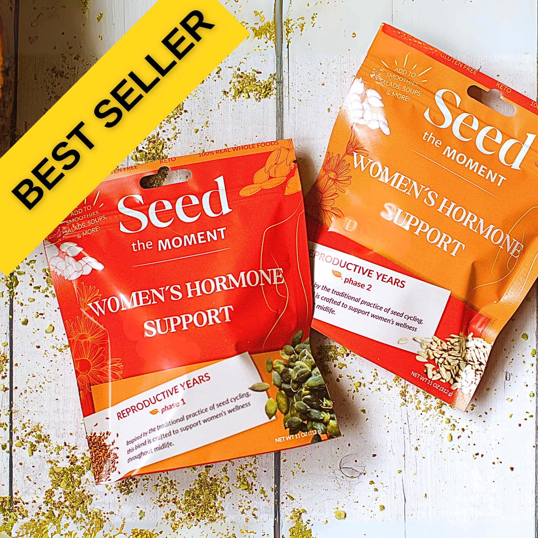 Two packages of 'Seed the Moment Women's Hormone Support' on a wooden surface with a 'Best Seller' label.