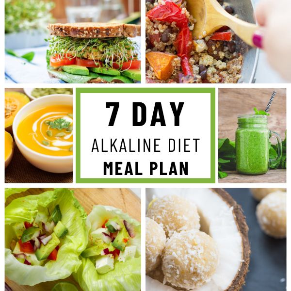 Collage of various healthy foods with text '7 Day Alkaline Diet Meal Plan' in the center.