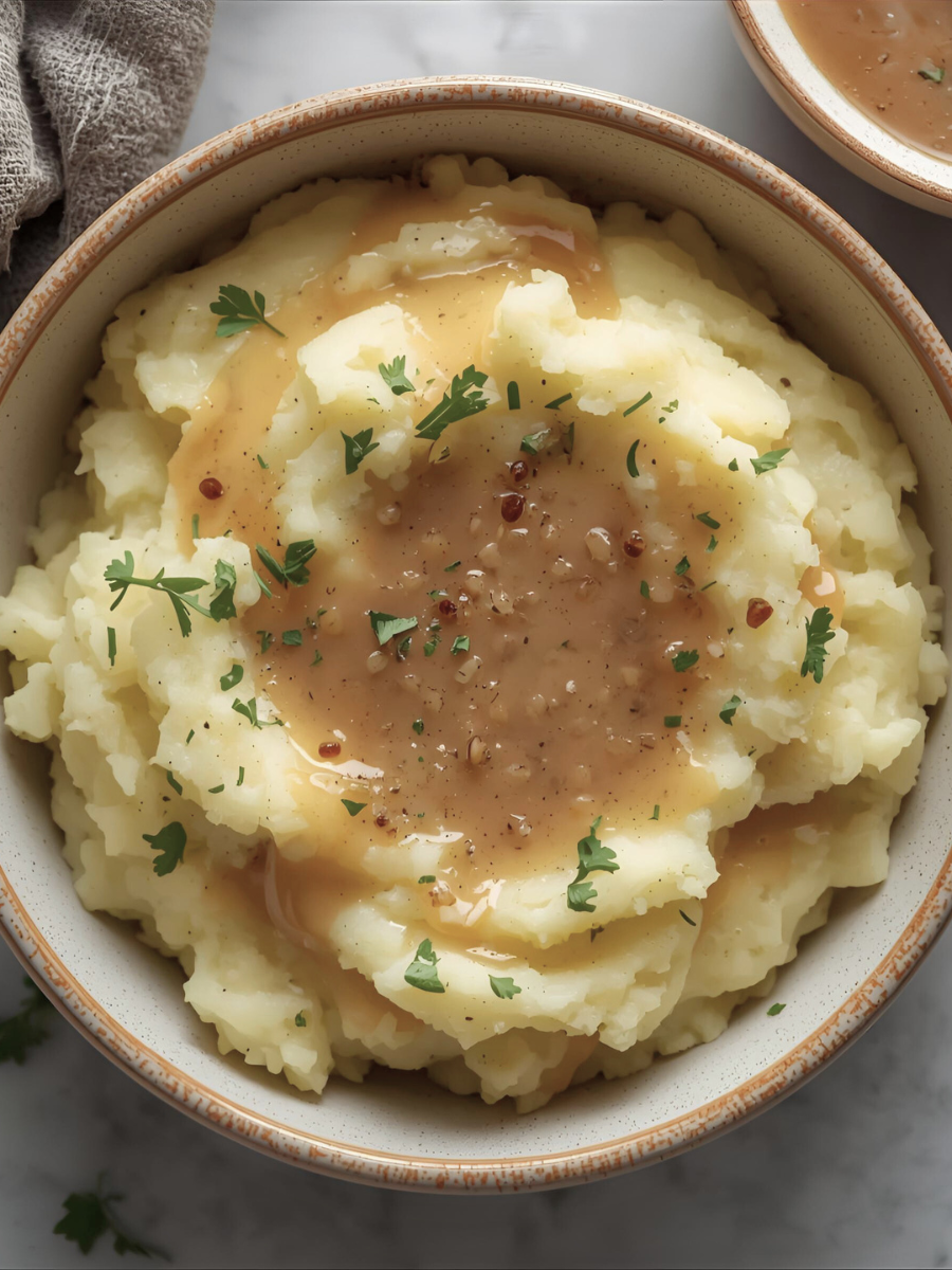 Mashed potatoes with gravy in a bowl on a marble surface